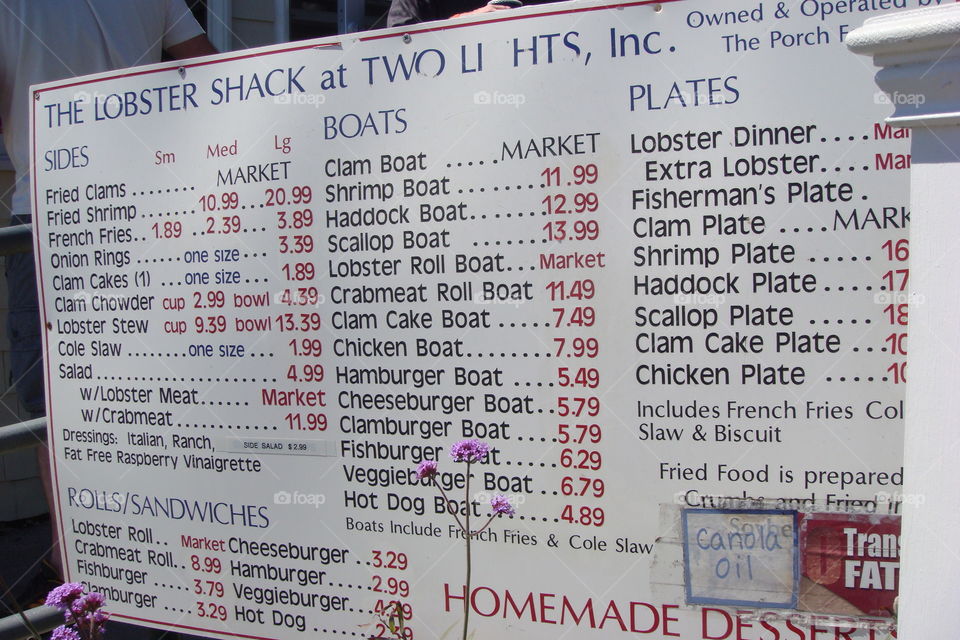 Lobster Shack Menu. Menu at The Lobster Shack restaurant at Two Lights in Cape Elizabeth, Maine, USA
