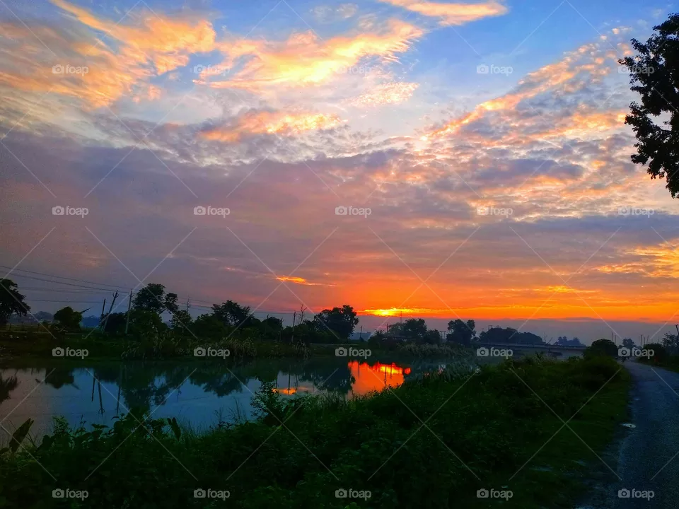 Sunset in village