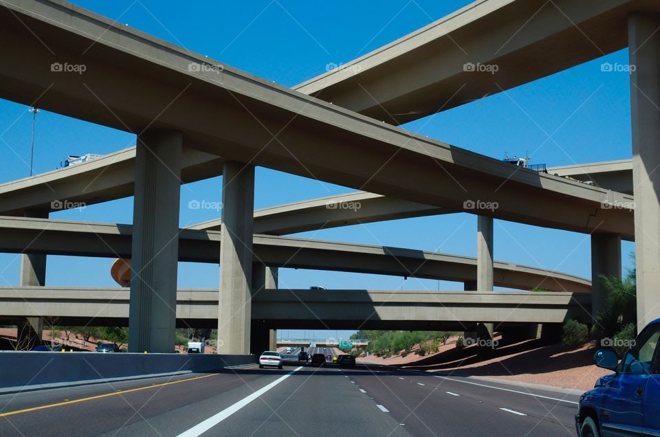 Driving on the freeway. 