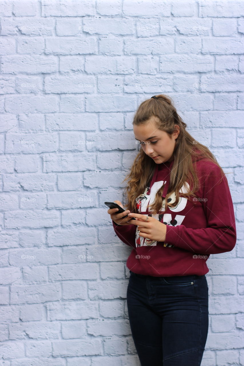 Portrait, Girl, One, Brick, Wall