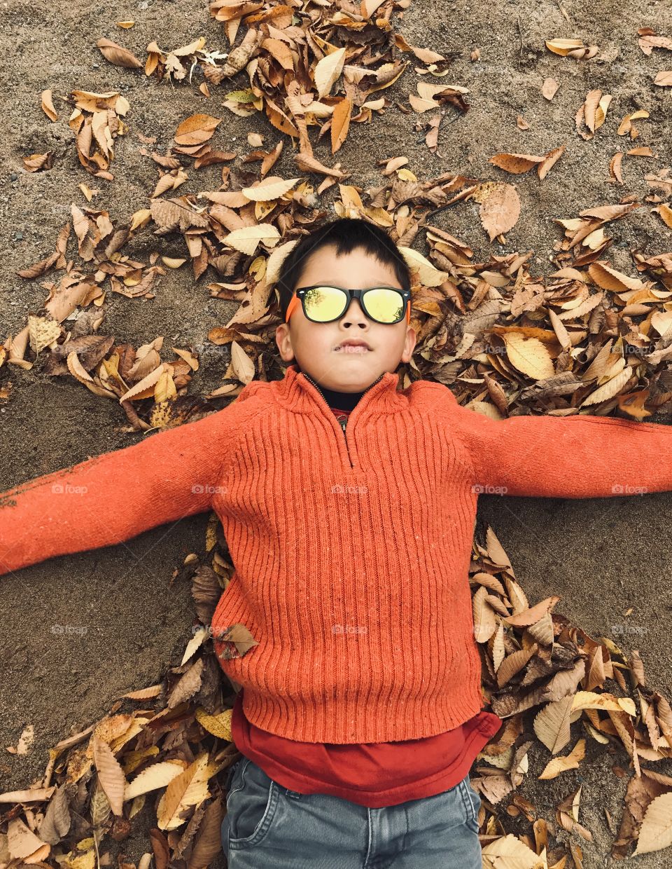 Boy lying down in leaves in the sand