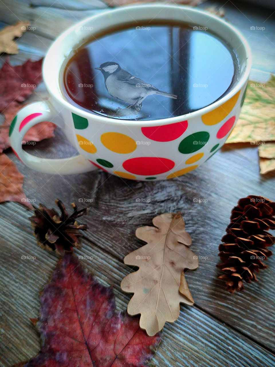 A cup with multi-colored colorful polka dot with tea, which stands on a wooden window sill. Autumn leaves and cones are scattered around the cup. The silhouette of a bird is reflected in the tea. Colorful polka dot