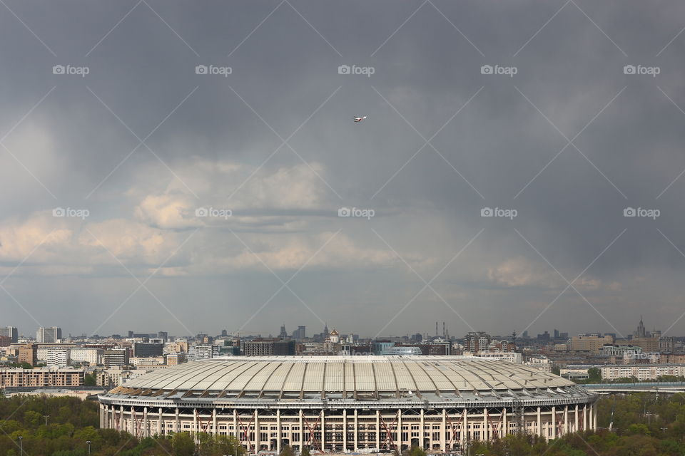 Helicopter over the building Luzhniki Olympic Complex