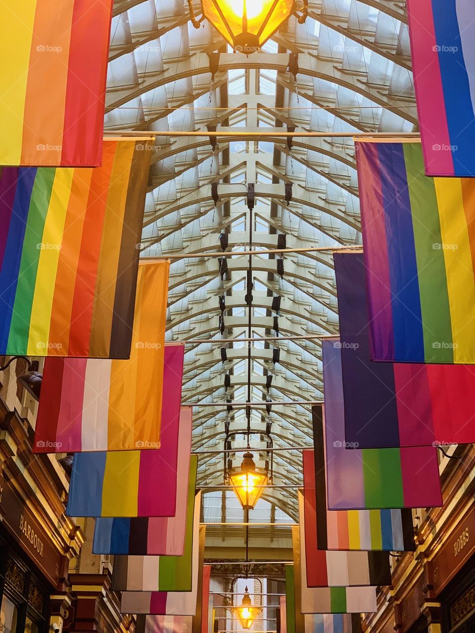 Colorful flags at Leadenhall market in London 