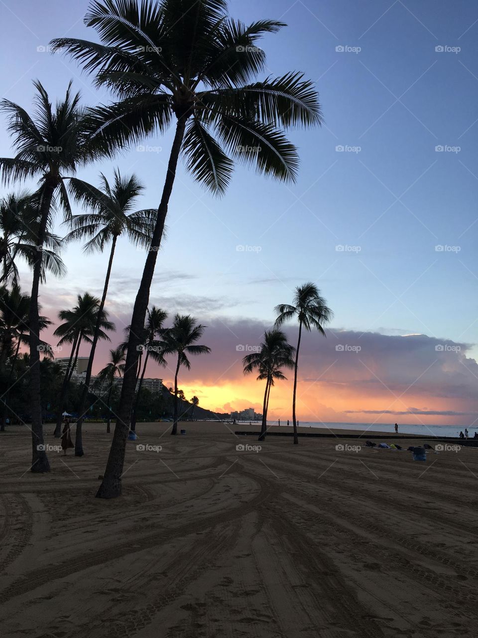 The orange sun setting on a beautiful Hawaii island day.  Palm trees sway on the beach as people practice yoga in the sand by the ocean for a calm, serene experience 