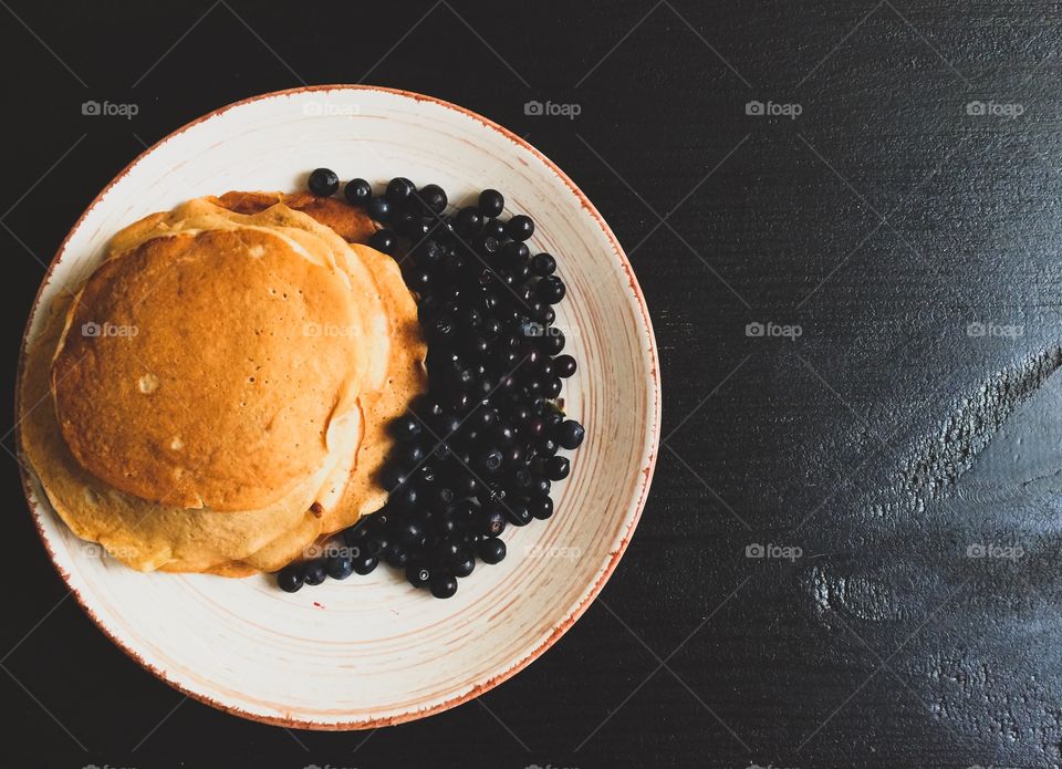 High angle view of pancake with fruit