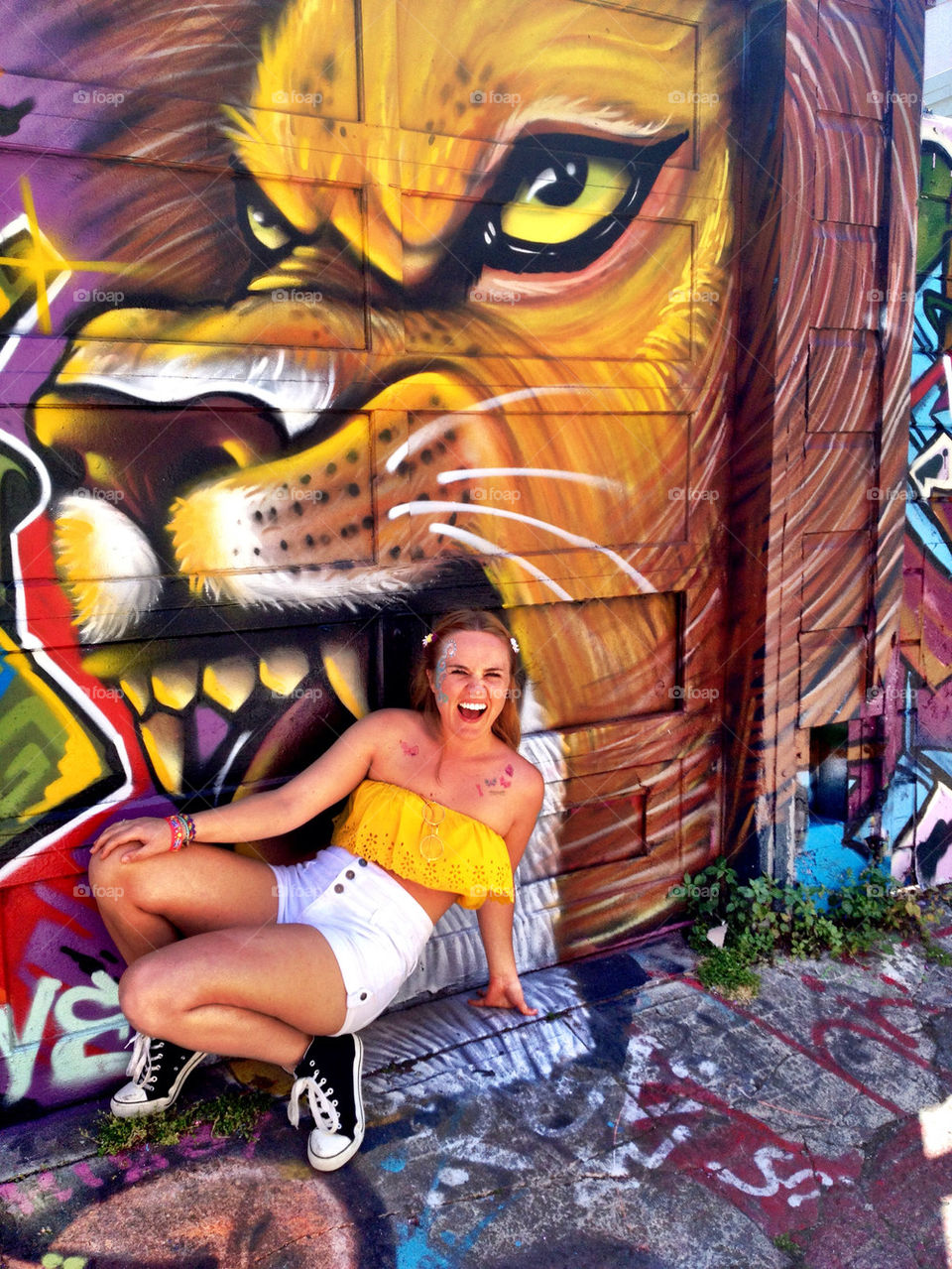graffiti girl yellow wall by asbreynolds