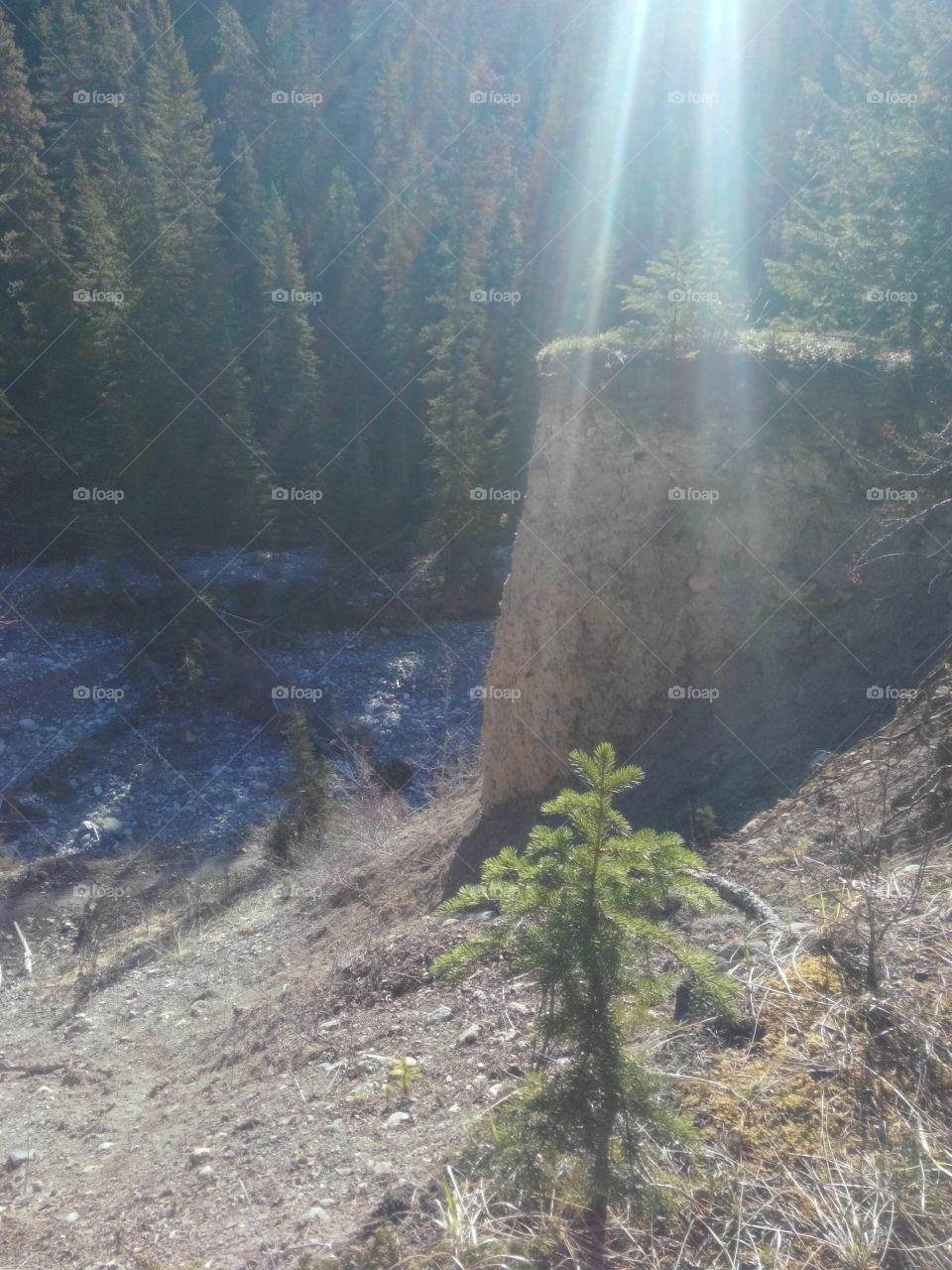 Sun beams over cliff. Sun over valley