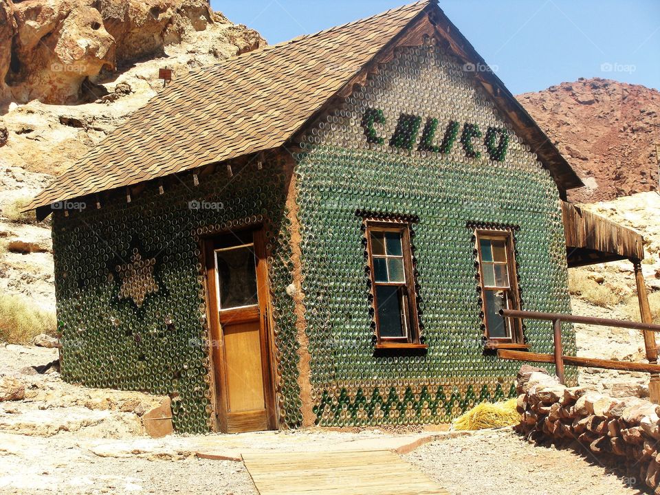 Calico ghost town , house made from glass bottles 