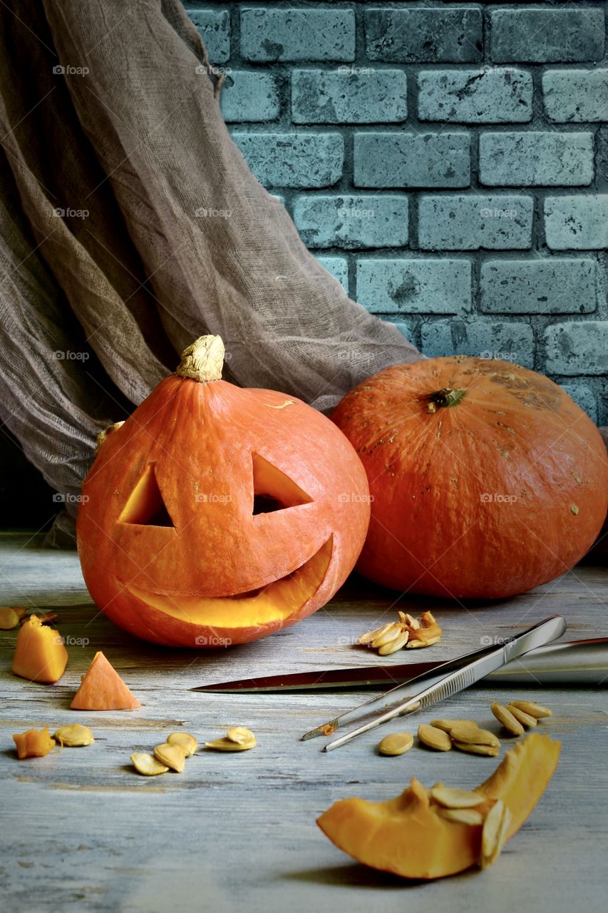 Carving pumpkins for Halloween 