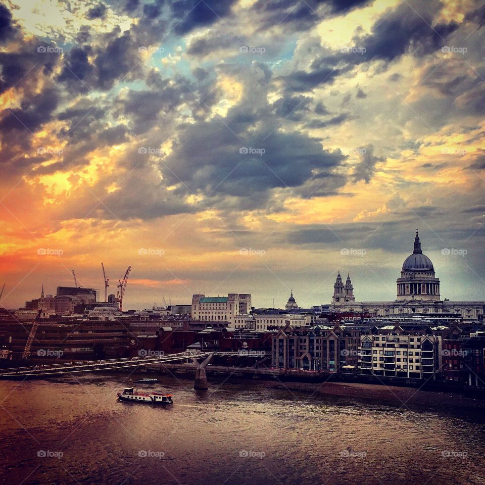 Heaven and earth . Sunset over London from the balcony