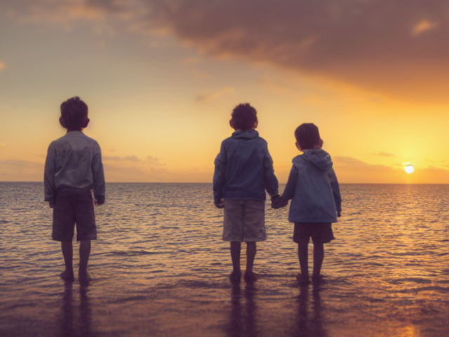 Children on the beach at sunset