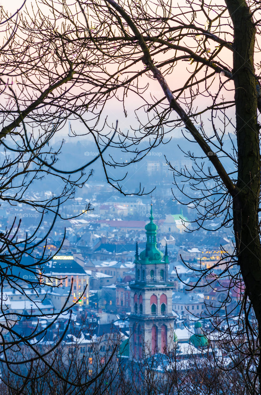 Lviv cityscape during the sunset