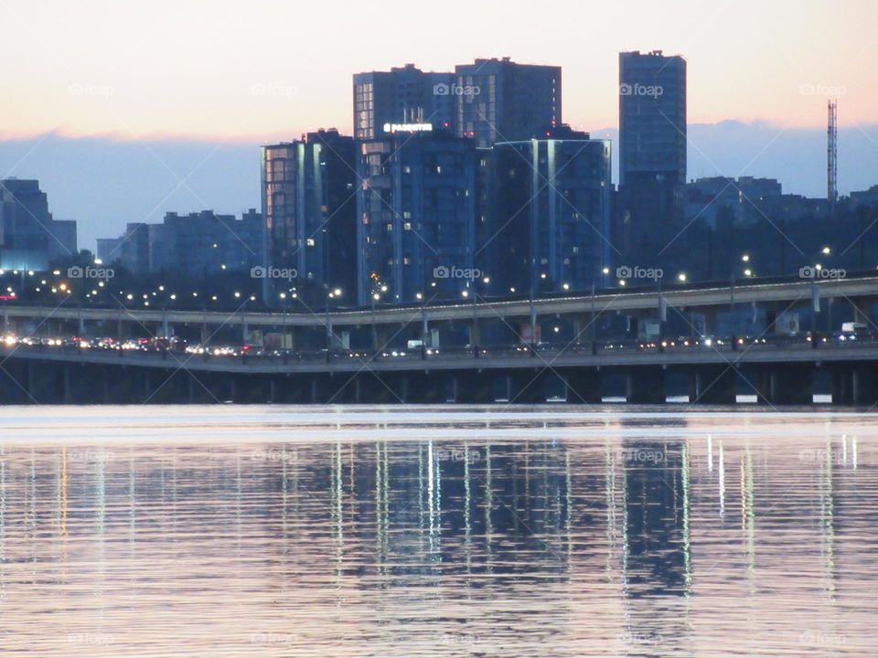 evening, city, bridge, river
