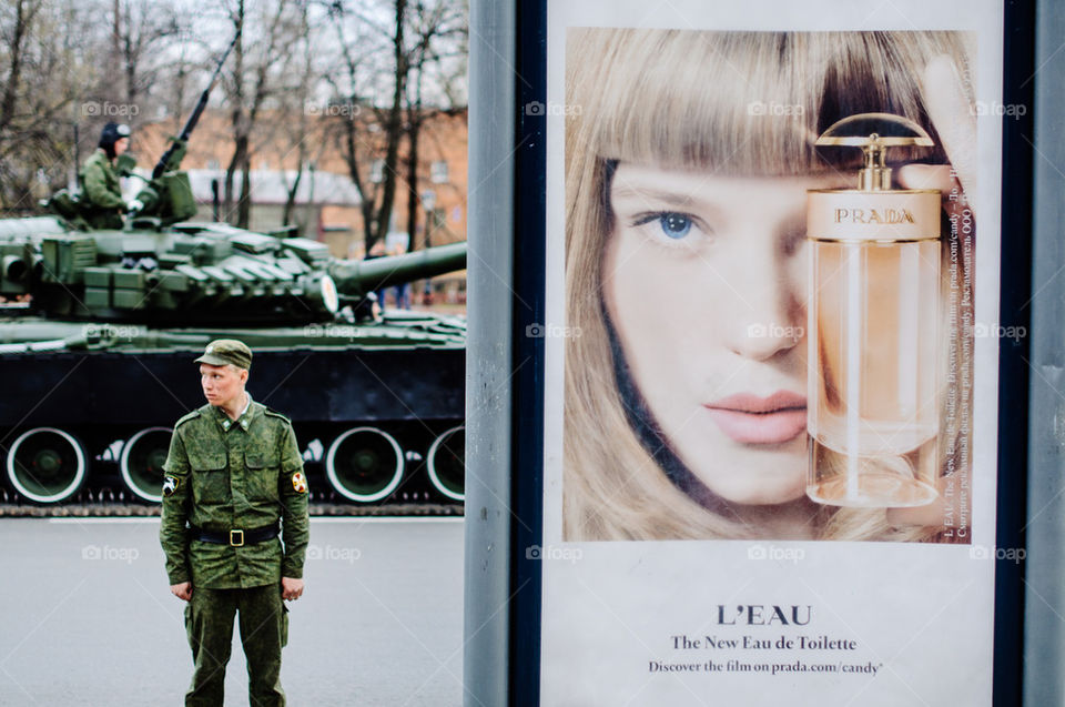 Soldier and girl on advertising poster