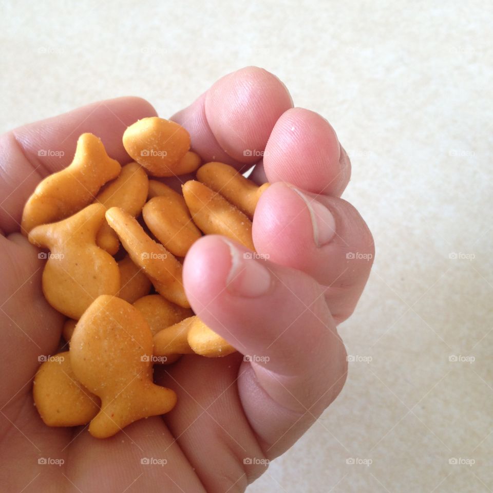 Holding goldfish crackers 