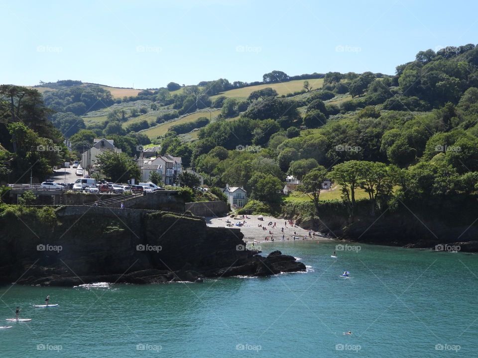 A scenic view over a Devon beach 