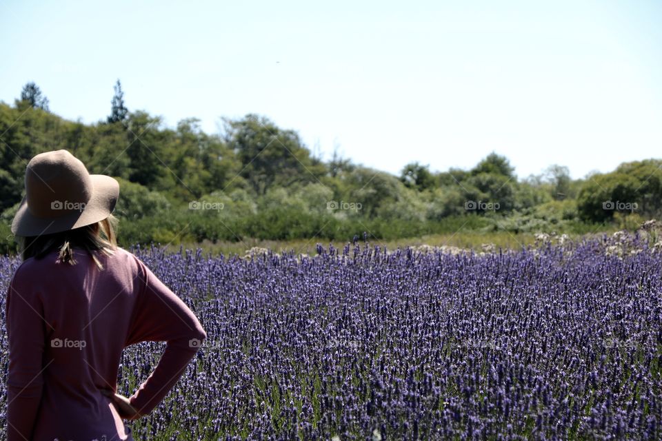 Young woman in front of a lavender field on a warm sunny day