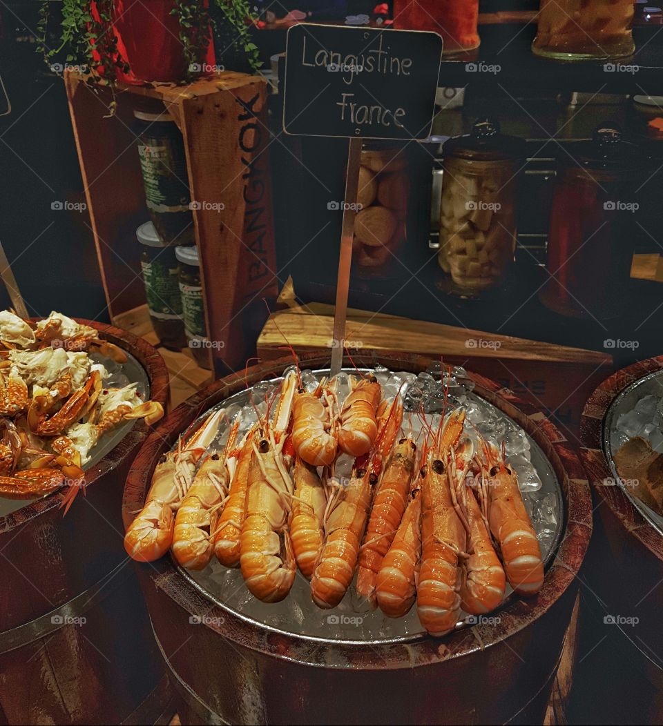 seafood buffet display at a restaurant