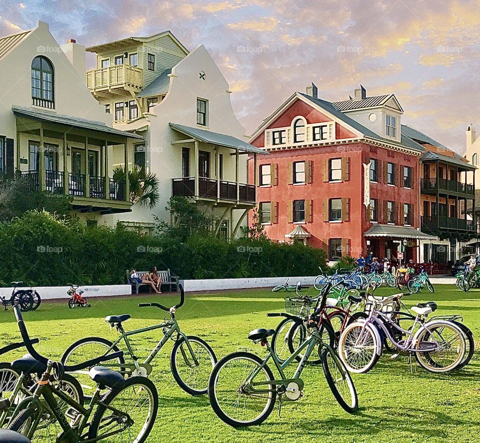 Relaxing on the bench after a bike ride in town