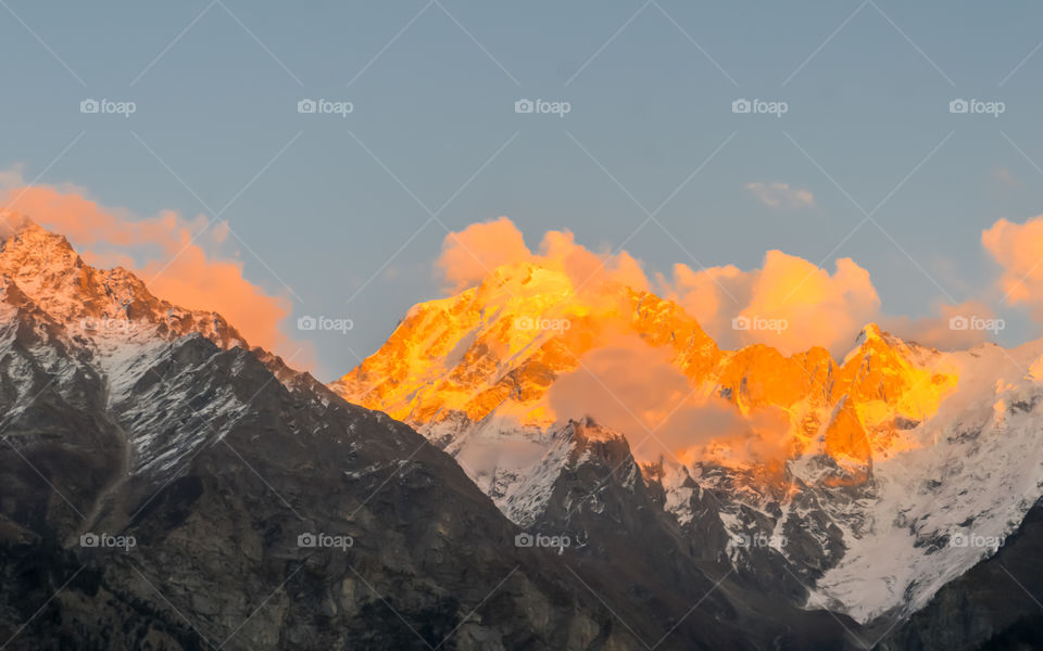 Mount Kailash or Kailasa Mountain Himalayan ranges (Tibetan name Gangs Rinpoche means Precious Snow Mountain) sacred place of Lord Shiva in sunset Sun light. View from Kinnaur, Himachal Pradesh India.