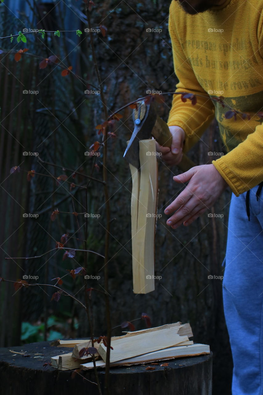 Chop wood.Handsome male hands chop wood in the evening at an oak.