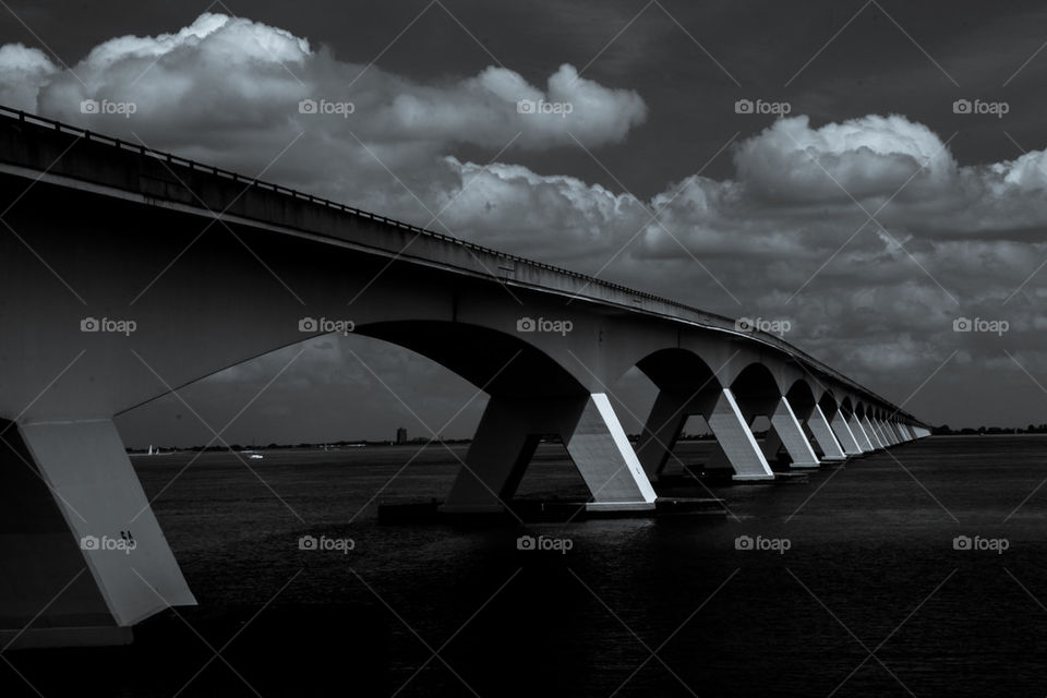 Black and white view of bridge