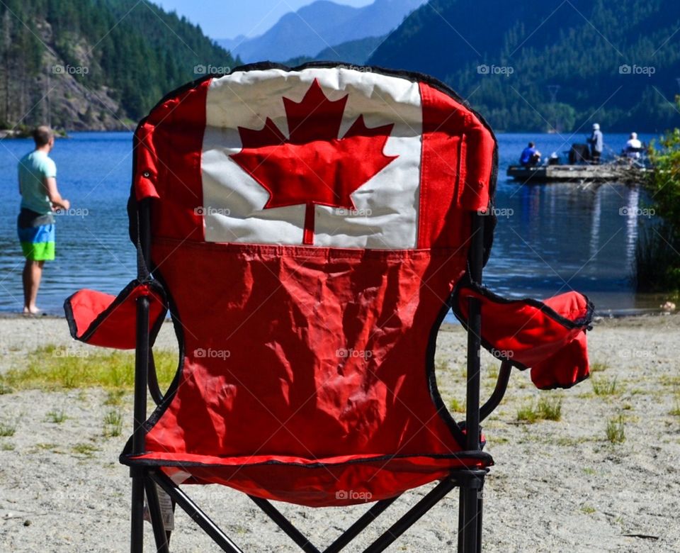 Oh beautiful Canada, and it's great outdoor spaces. Here, Buntzen lake in beautiful British Columbia, near Vancouver. Gorgeous reservoir, old growth forest, family time. Canadian flag beach chair 