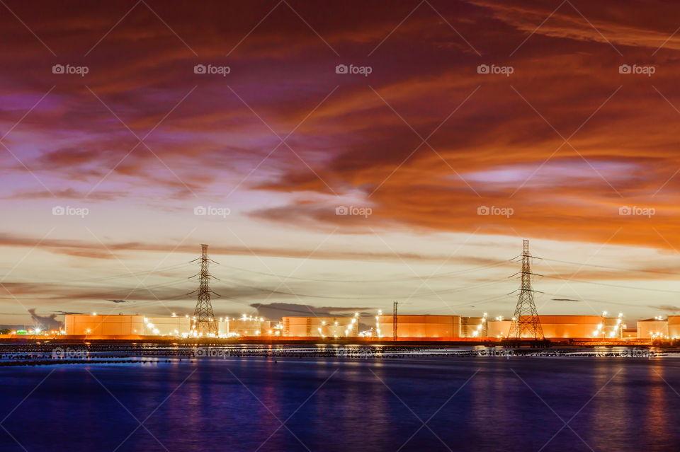sea, beach, sunset, refinery