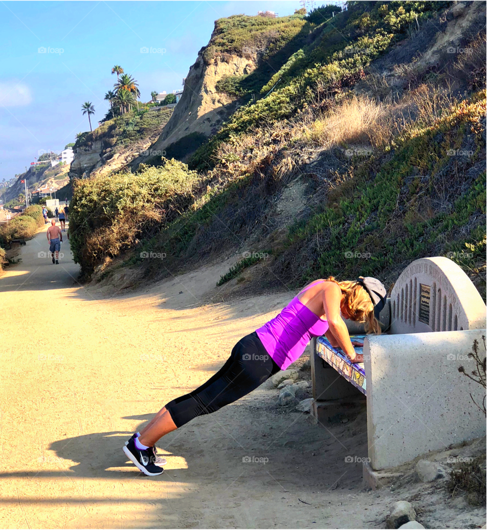 Foap Mission Staying In Good Shape! Woman Doing Push-Ups on a Bench Along A Beach Trail On The Southern California Coast!