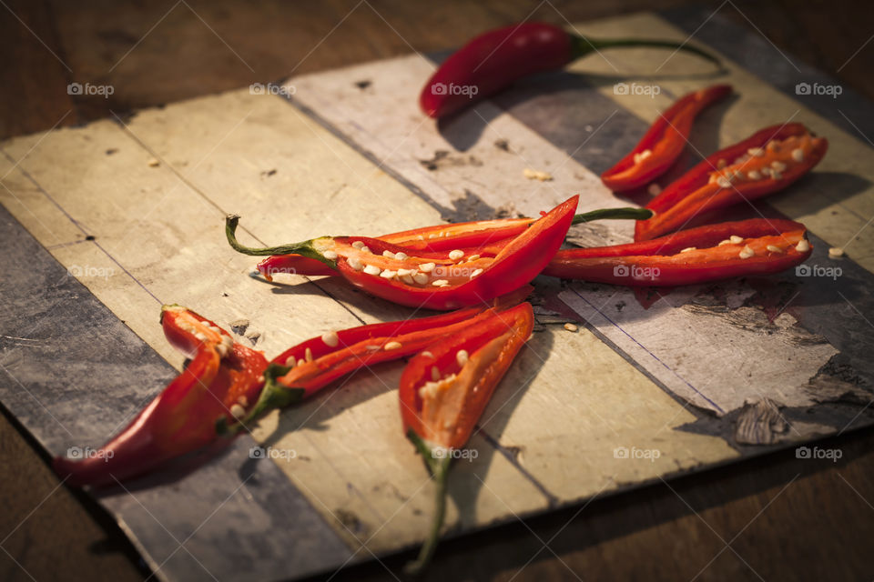 Freshly cut red chilly peppers