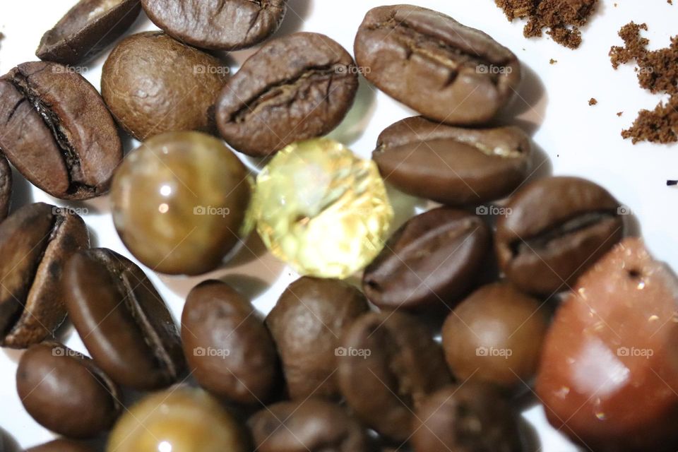 Semi-precious stones and coffee beans