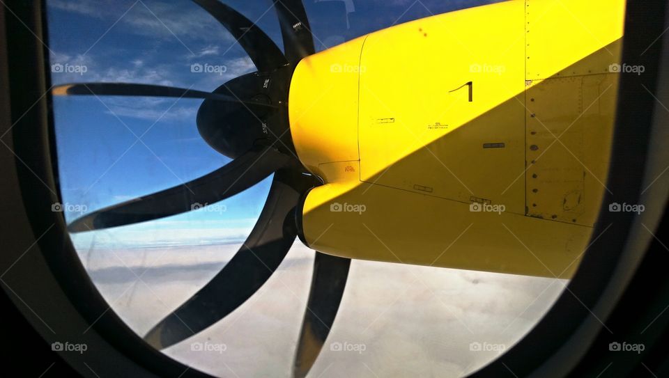 Plane Propeller. Taken inside the plane in air. 