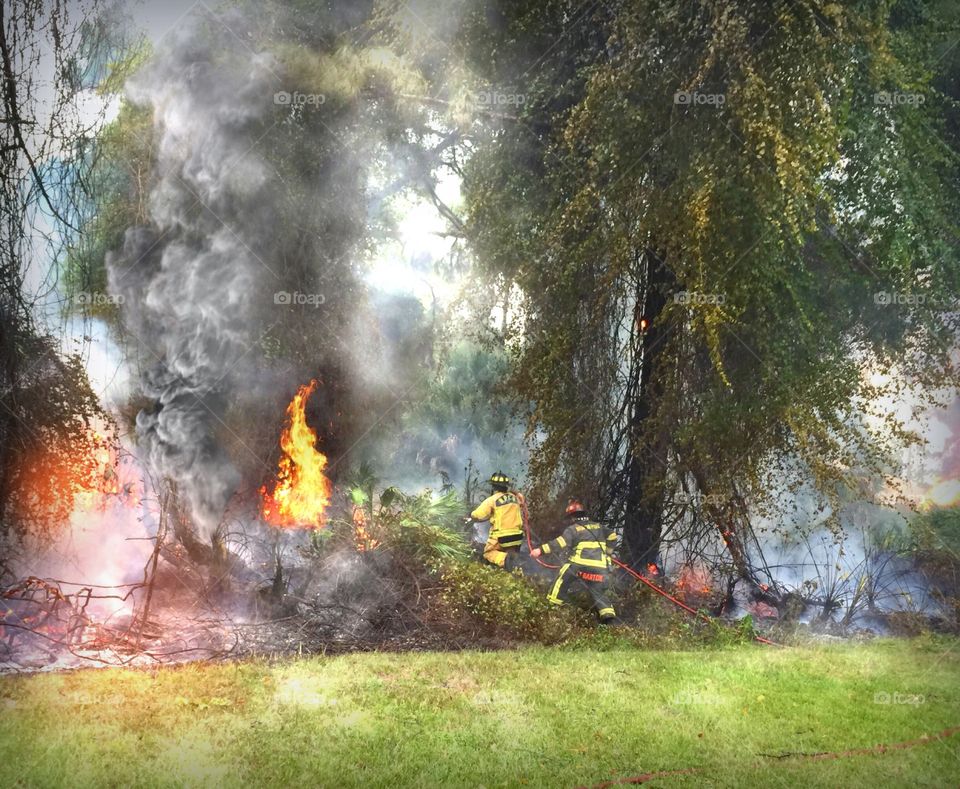 Firefighters at work. Brave firefighters to the rescue.