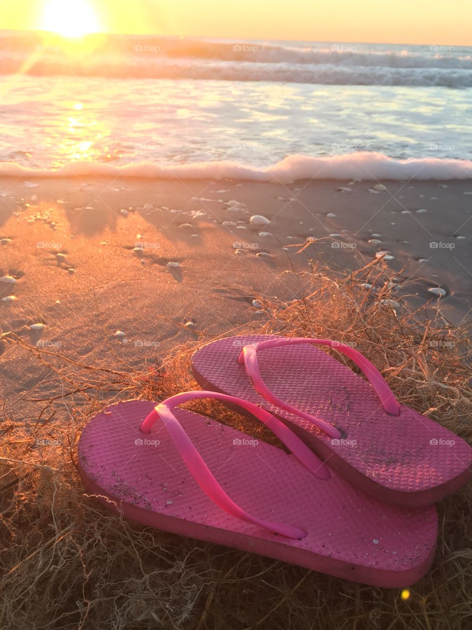 Pink flip flops at sunset