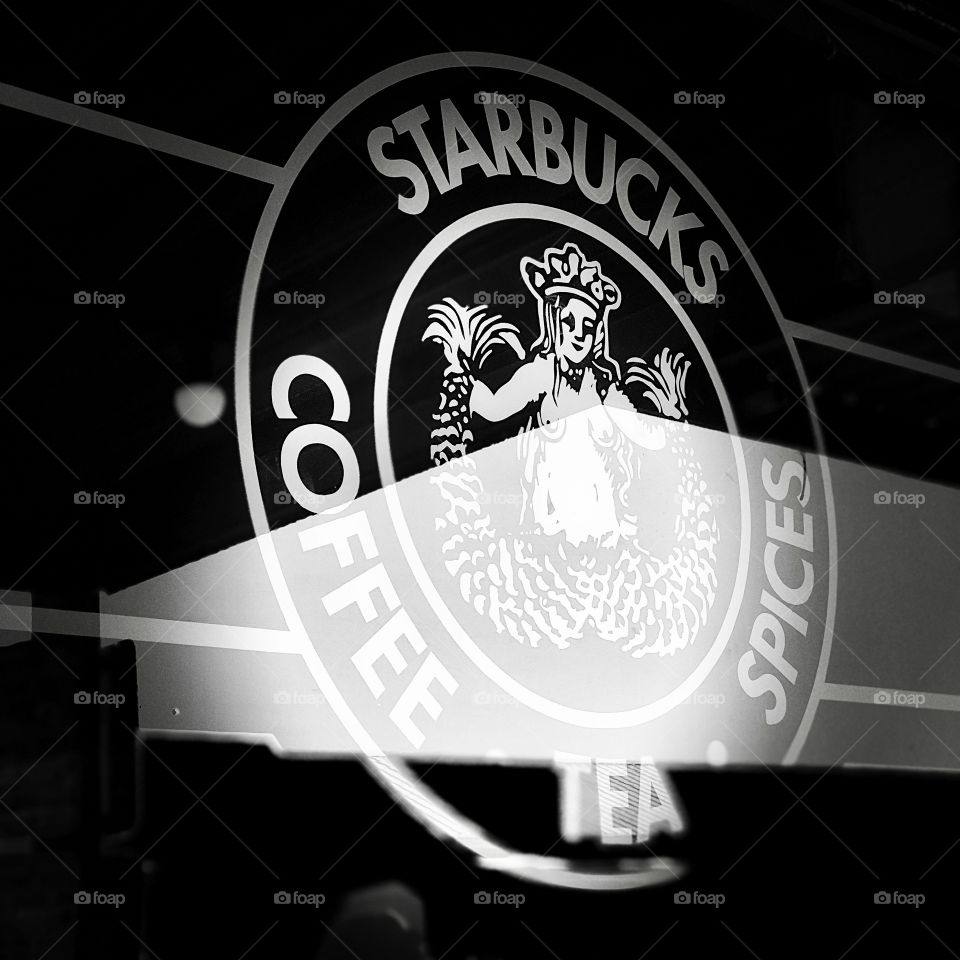 Monochromatic Starbucks Coffee Signage Taken At The First Starbucks Ever In Seattle, Pike Place