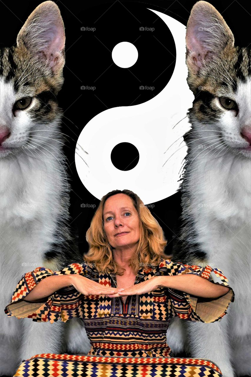 zen yoga woman with kaftan 2 kitrens and yin yang symbol