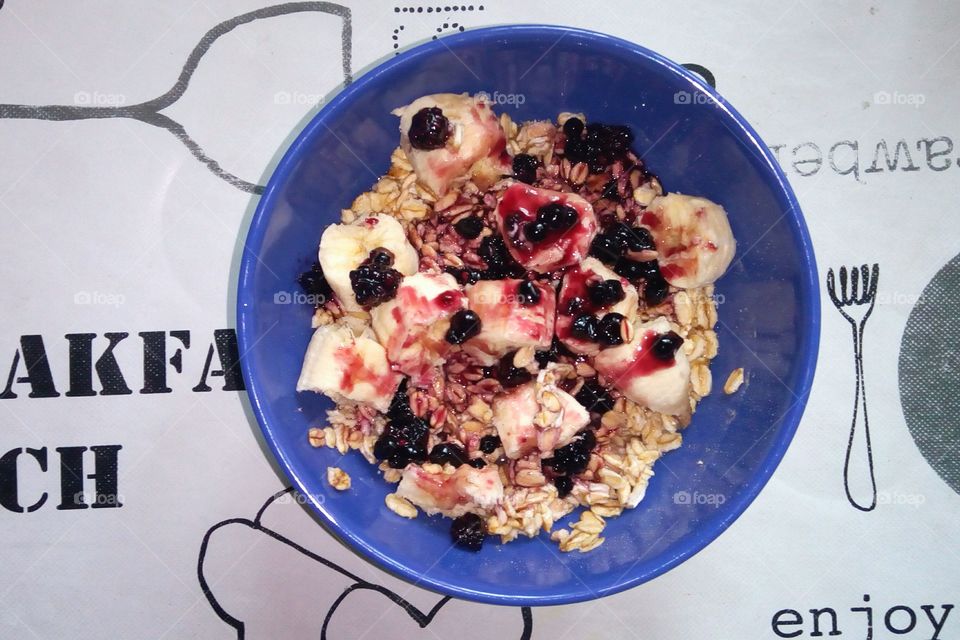 Breakfast this morning- cereal with bananas and blueberry jam