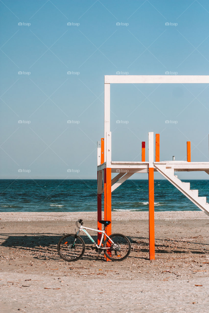 bike leaned on a watch post