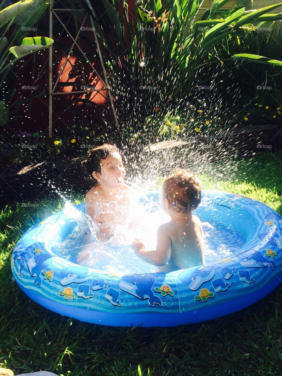 Children having fun in garden paddling pool