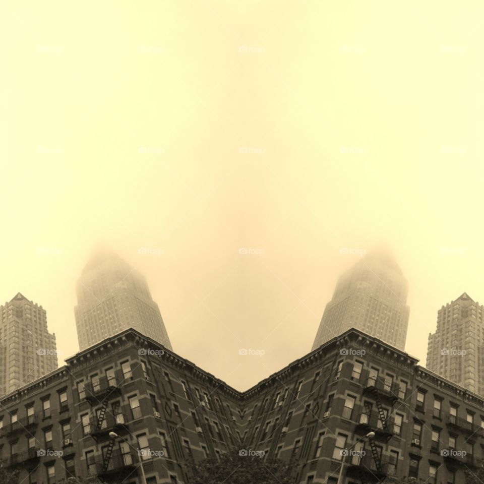 NYC Architecture near 9th Avenue and 48th Street. Abstract Photo Collage. Created with Layout App on Android. Sepia Filter. May 2017.