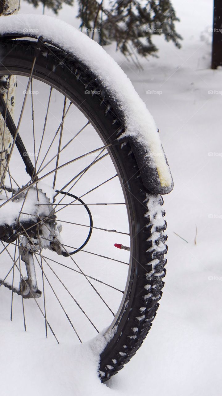 Bicycle rear tire covered in snow