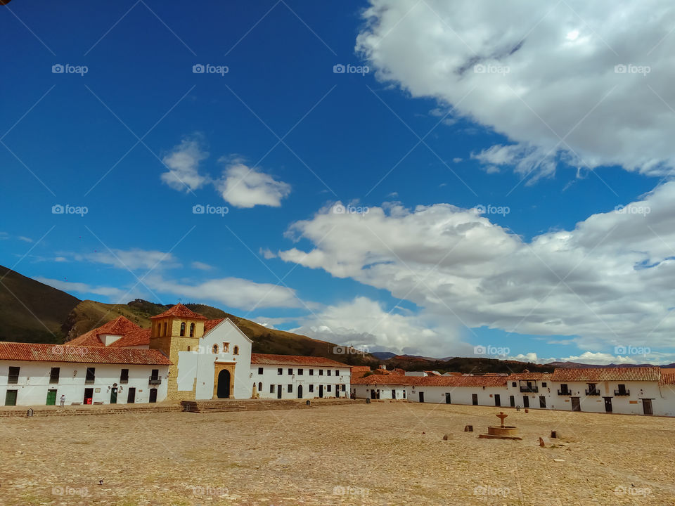 Main square of Villa de Leyva, Boyacá, Colombia on a sunny afternoon without people