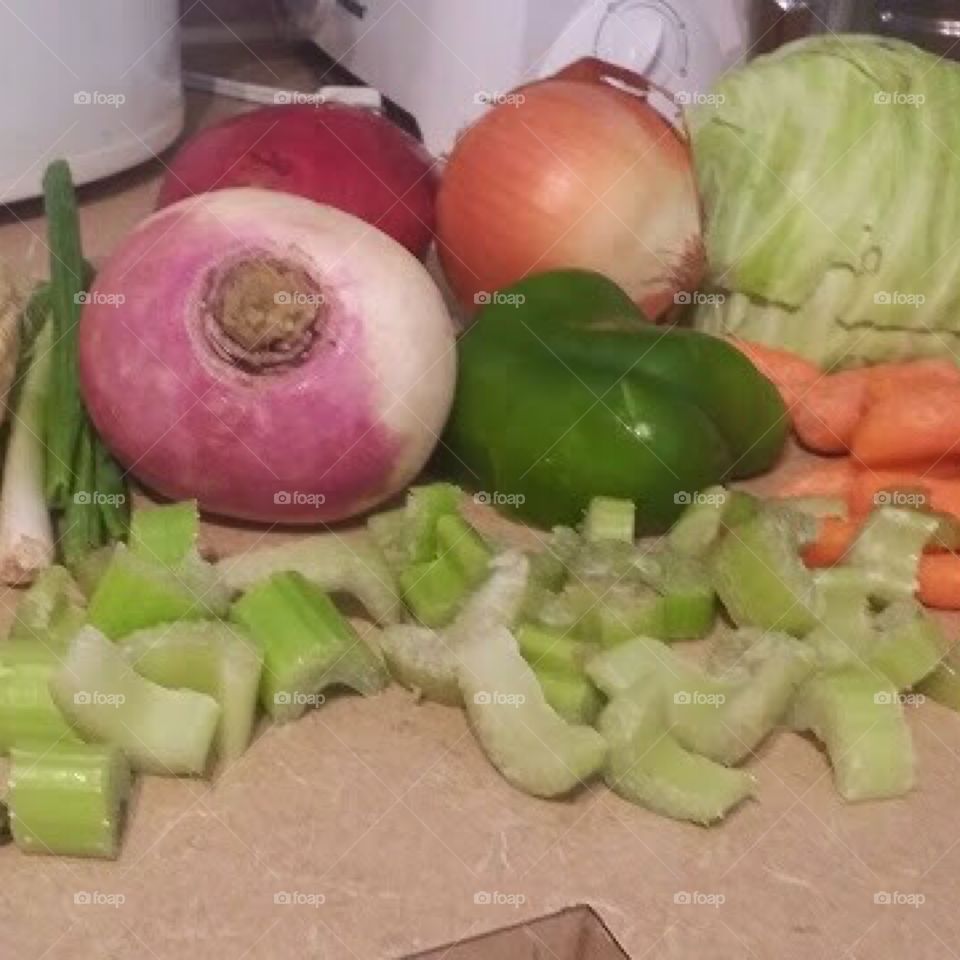 The makings of a nice hot vegetable soup. I like to use potatoes, radish, carrots, celery , onion and a whole lot of other stuff.
