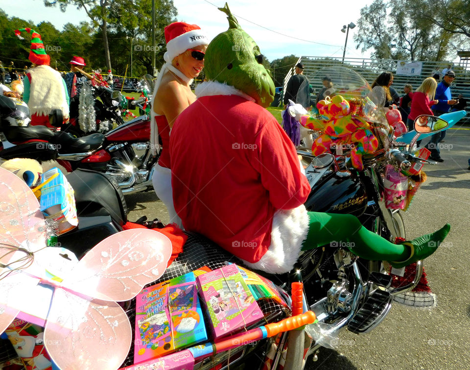 The Grinch rides into town! This was a kind Grinch who carried toys for children!