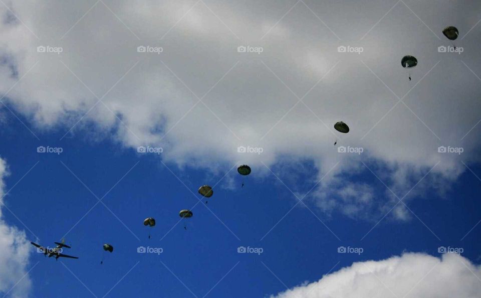WWII battle reenactment of paratroopers parachuting out of plane with bright blue sky and clouds