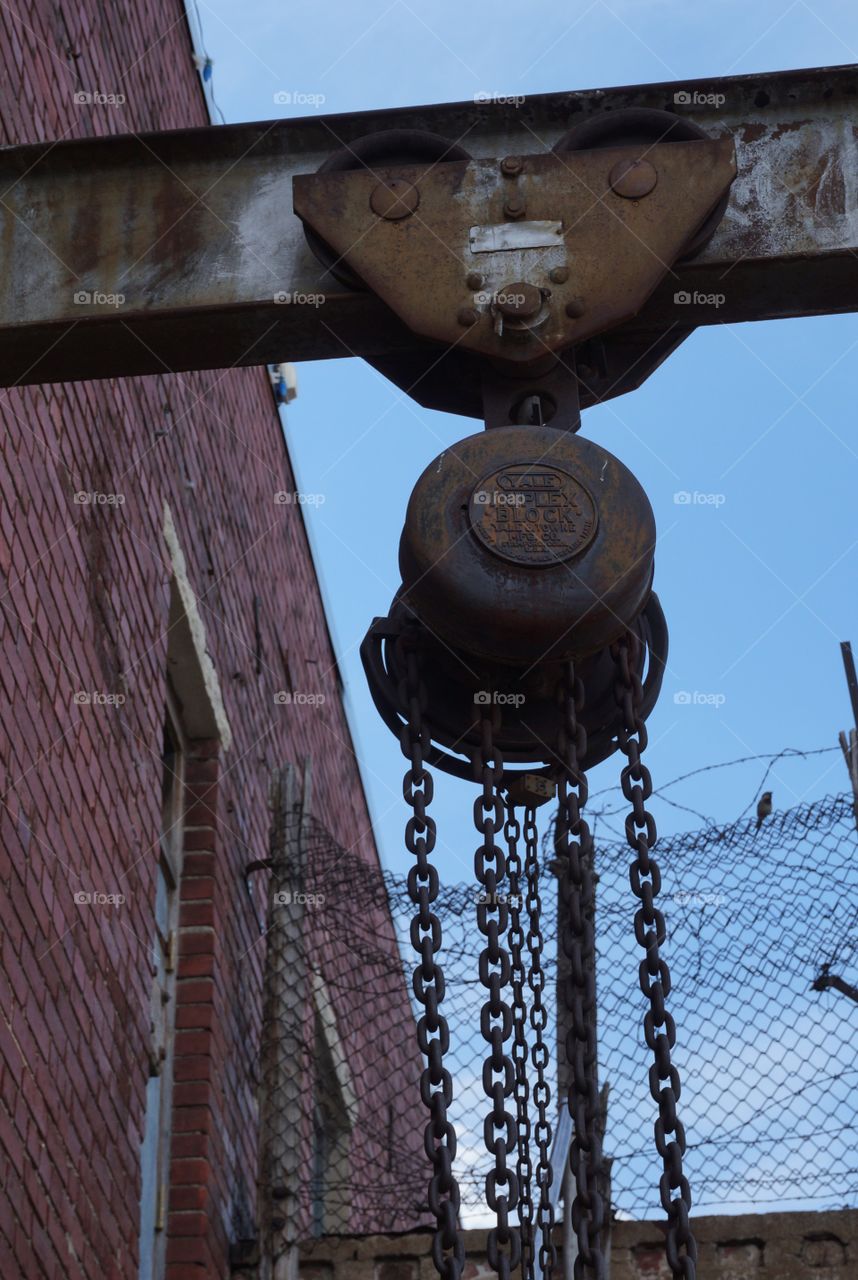 Antique pulley system . Photo taken in downtown Tulsa.