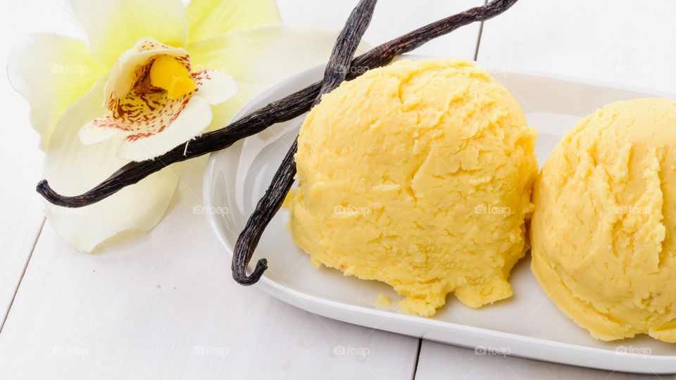 Vanilla ice cream ball in plate
