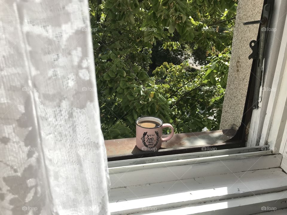 Coffee for a good morning. Good morning coffee, on the windowpane, to cheer you up.