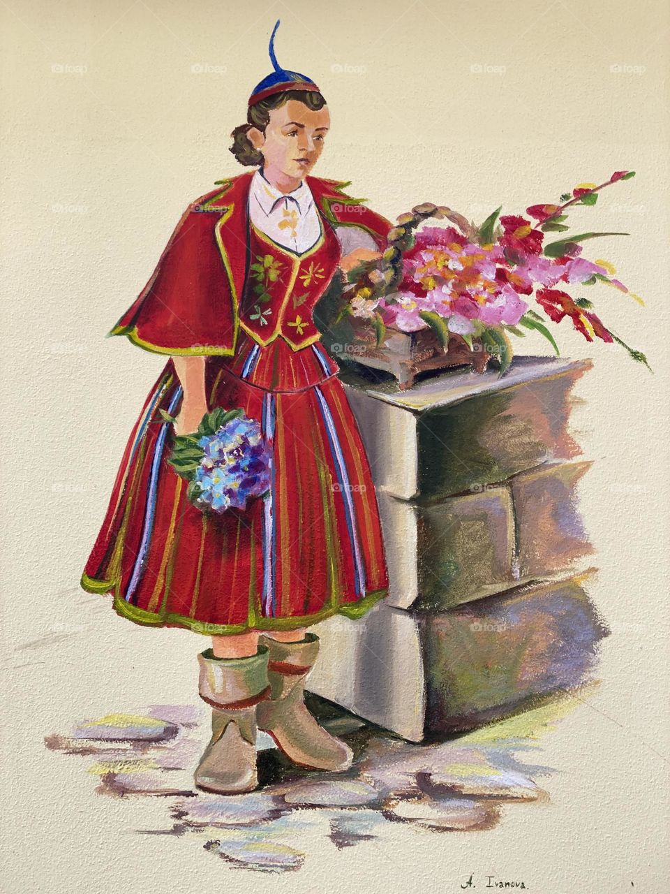 A painting of a woman in traditional clothes with a basket of flowers for sale at the market!